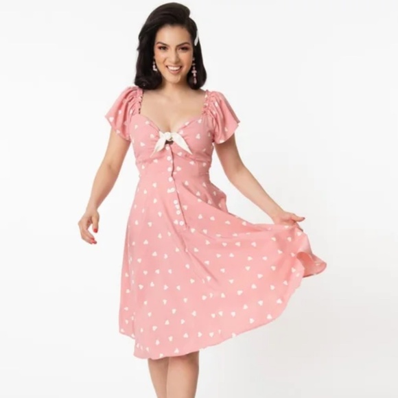 Unique Vintage Dresses & Skirts - 💕Unique vintage Pink Heart Print summer swing Dress m